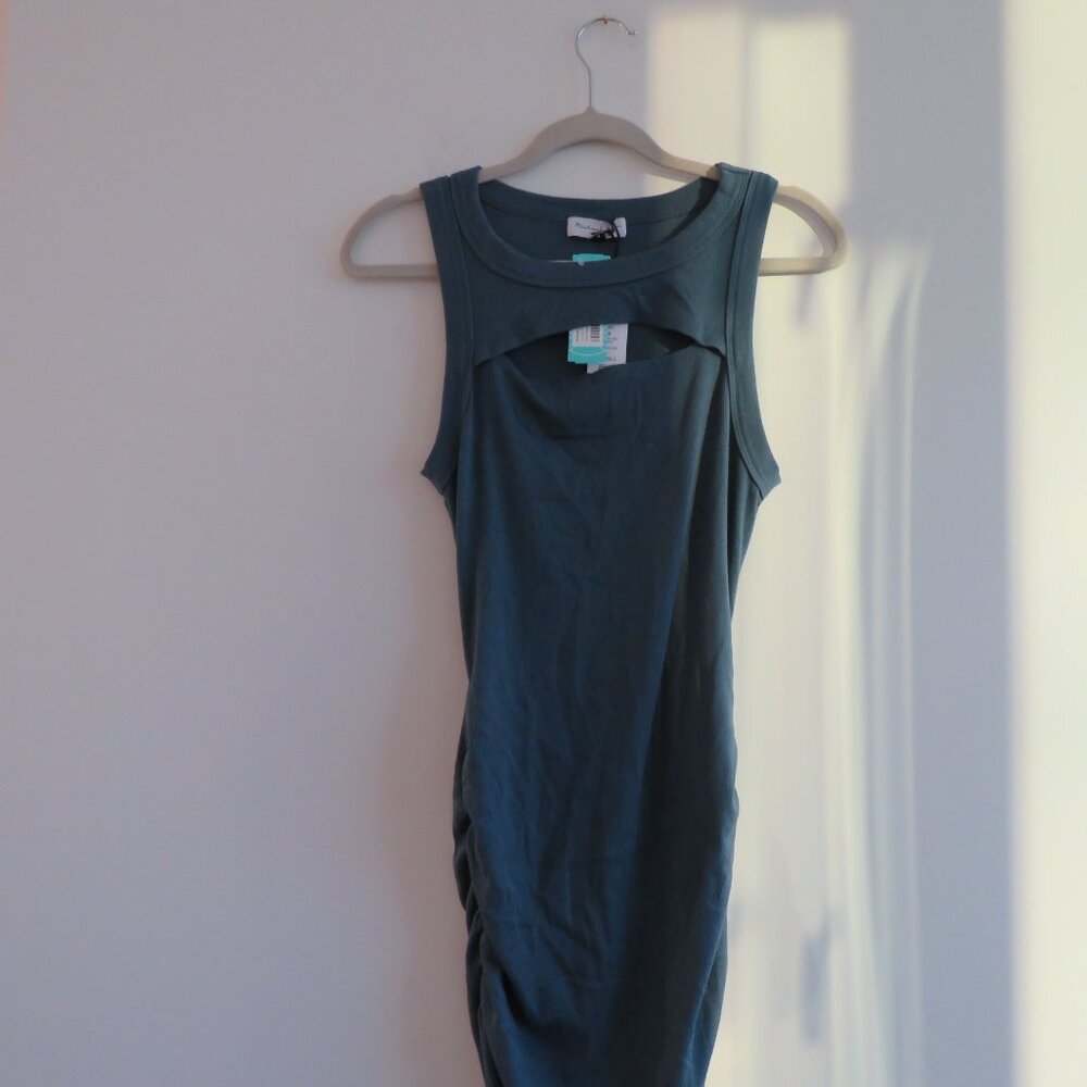 MICHAEL STARS Lucinda Ultra Rib Ribbed Bodycon Ruched Midi Dress Pebble Medium - Picture 4 of 13